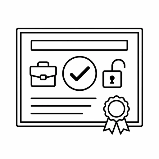 Verified commercial license certificate with an open lock and briefcase