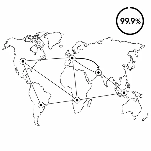 World map with six connected edge nodes, failover arrow and 99.9 percent gauge
