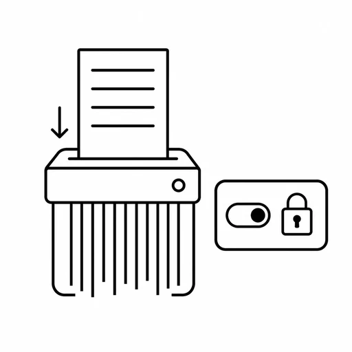 Request document entering a shredder beside an enabled privacy control and padlock