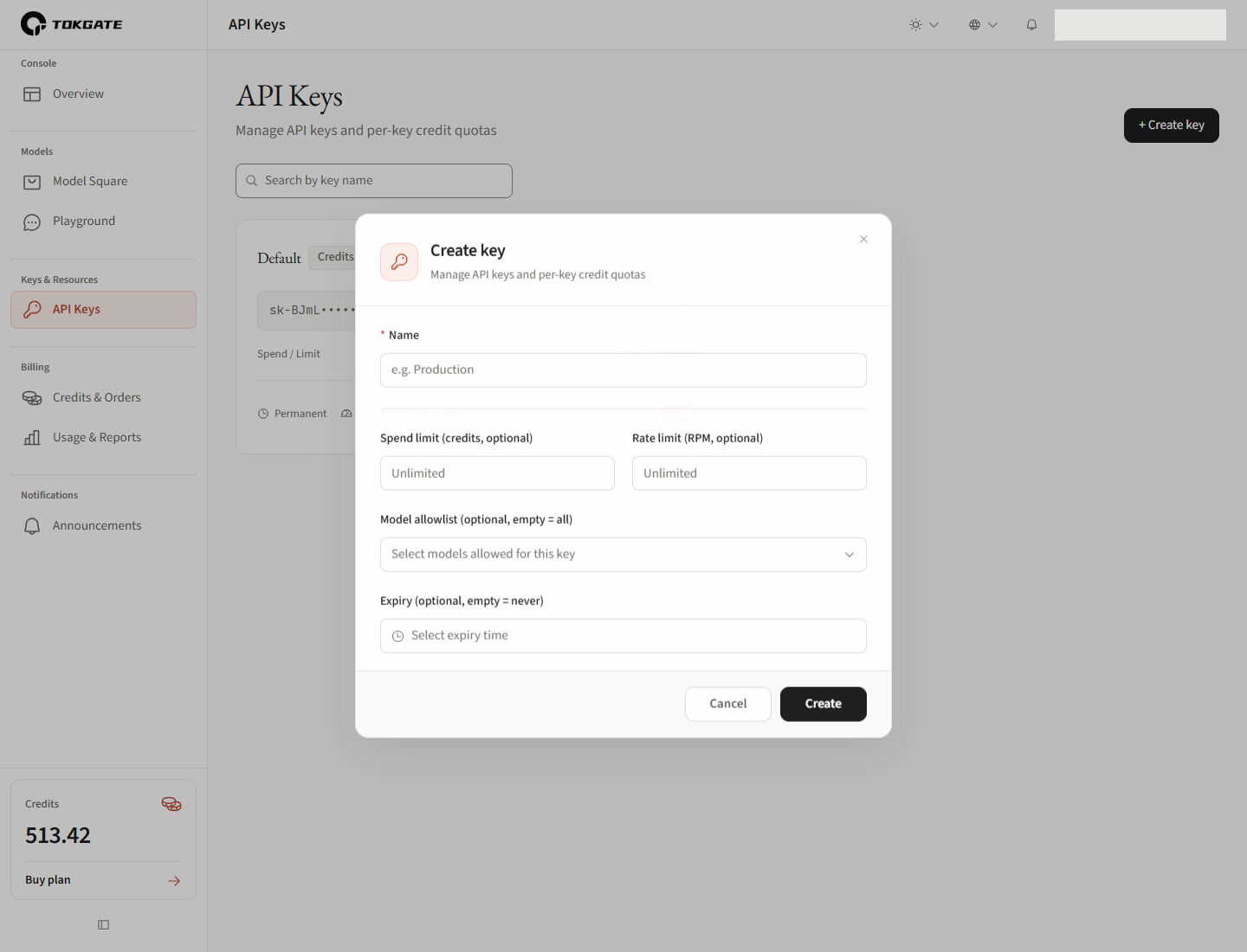 Create key form; numbered areas link to instructions