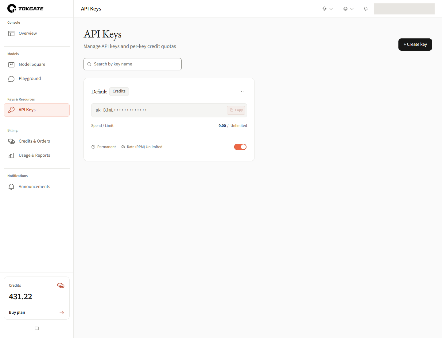 API key management screenshot; numbered areas link to instructions
